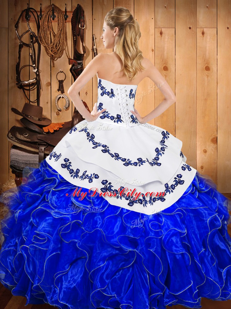 Purple Lace Up Strapless Embroidery and Ruffles 15 Quinceanera Dress Satin and Organza Sleeveless