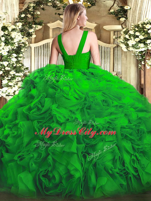 Fuchsia Ball Gowns Ruffles Vestidos de Quinceanera Zipper Organza and Fabric With Rolling Flowers Sleeveless Floor Length