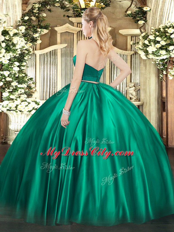 Ideal Green Satin Zipper Halter Top Sleeveless Floor Length 15 Quinceanera Dress Ruching