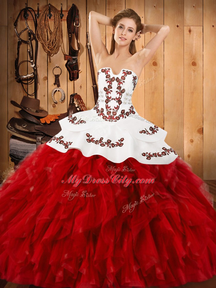 Wine Red Strapless Lace Up Embroidery and Ruffles Sweet 16 Dresses Sleeveless