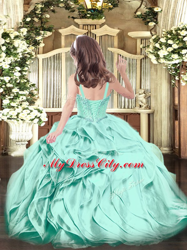 Organza Sleeveless Floor Length Pageant Gowns For Girls and Beading and Ruffles