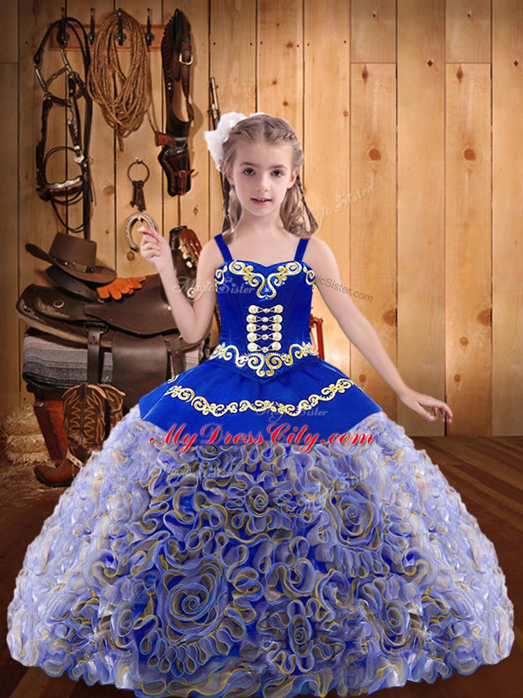 Multi-color Fabric With Rolling Flowers Lace Up Little Girls Pageant Dress Wholesale Sleeveless Floor Length Embroidery and Ruffles