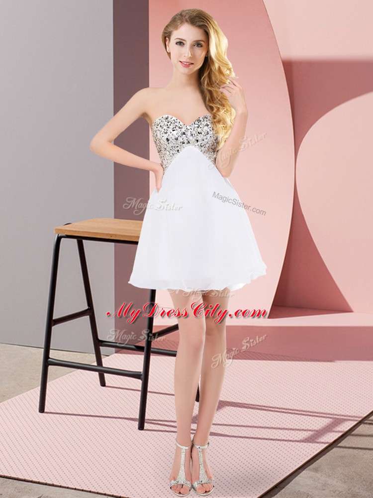 White Sleeveless Mini Length Beading Lace Up Homecoming Dress