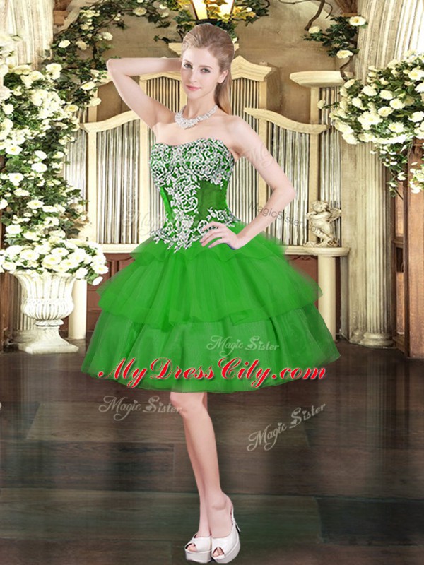 Affordable Green Lace Up Sweetheart Beading and Ruffled Layers Prom Dresses Organza Sleeveless