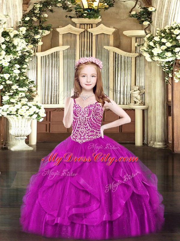 Elegant Floor Length Ball Gowns Sleeveless Fuchsia Pageant Dresses Lace Up