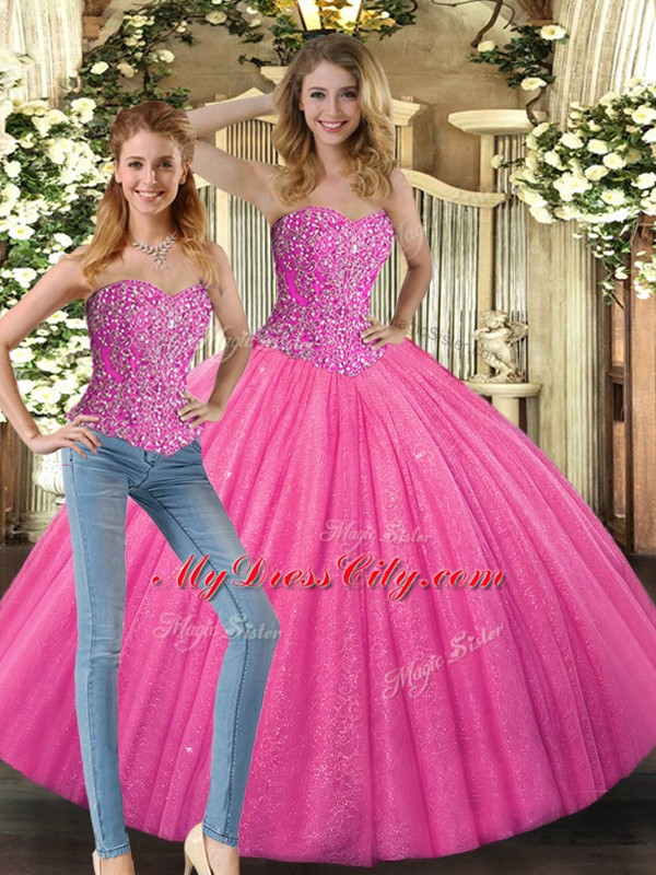 Hot Pink Tulle Lace Up Sweetheart Sleeveless Floor Length Vestidos de Quinceanera Beading