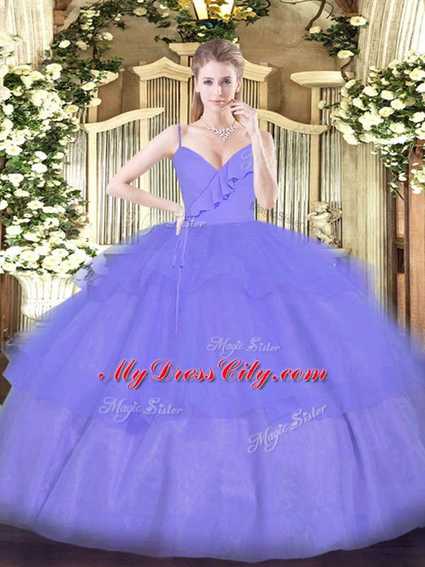 Flare Sleeveless Floor Length Ruffled Layers Zipper Quince Ball Gowns with Lavender