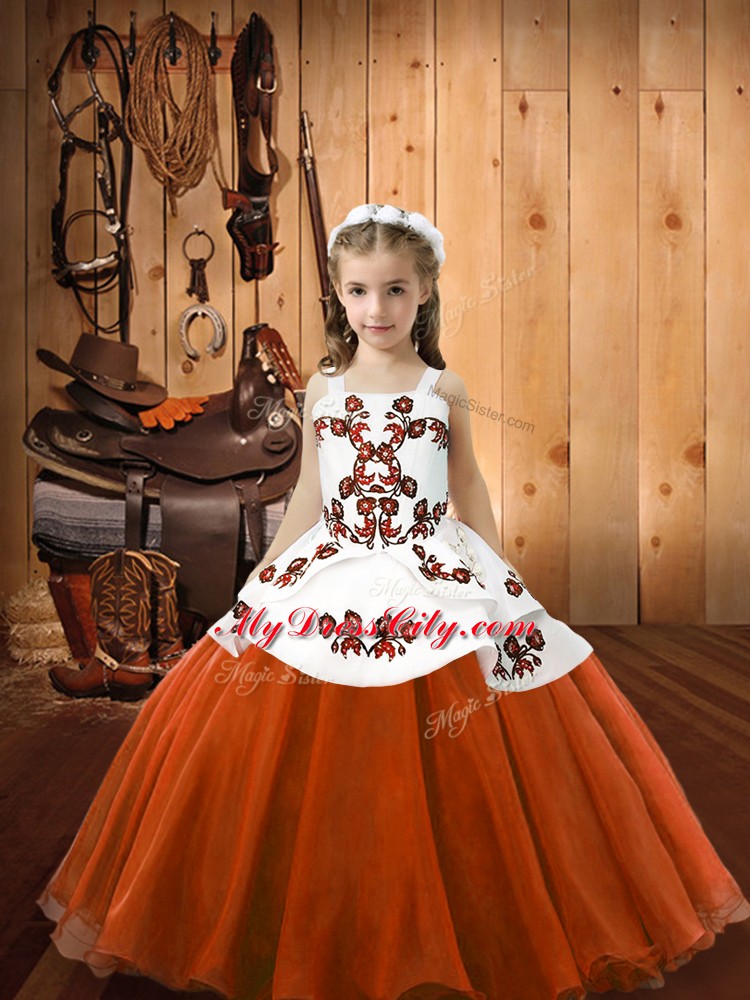 Stylish Orange Red Organza and Tulle Lace Up Pageant Dress for Girls Sleeveless Floor Length Embroidery