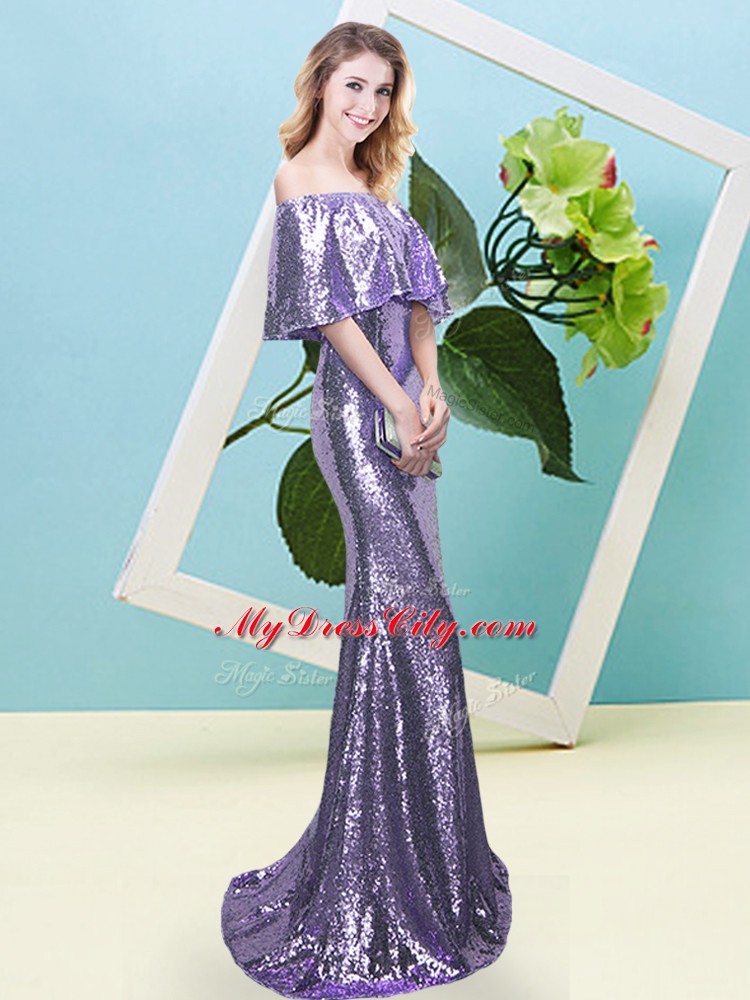 Wonderful Off The Shoulder Half Sleeves Homecoming Dress Floor Length Sequins Lavender Sequined