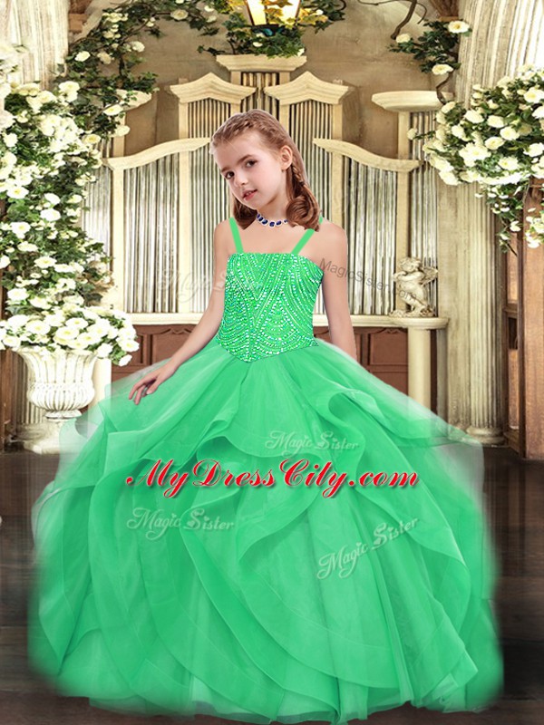 Sleeveless Organza Floor Length Lace Up Child Pageant Dress in Turquoise with Beading and Ruffles