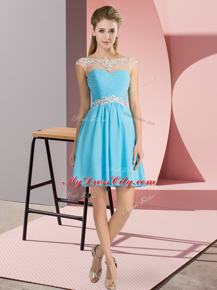Aqua Blue Scoop Neckline Beading Prom Party Dress Cap Sleeves Lace Up