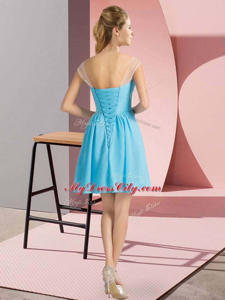Aqua Blue Scoop Neckline Beading Prom Party Dress Cap Sleeves Lace Up