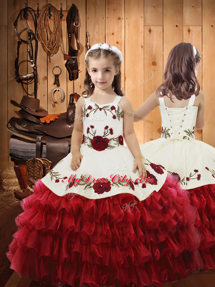Sleeveless Floor Length Ruffled Layers Lace Up Winning Pageant Gowns with Red
