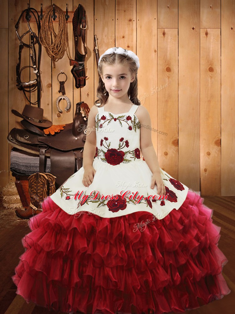 Sleeveless Floor Length Ruffled Layers Lace Up Winning Pageant Gowns with Red