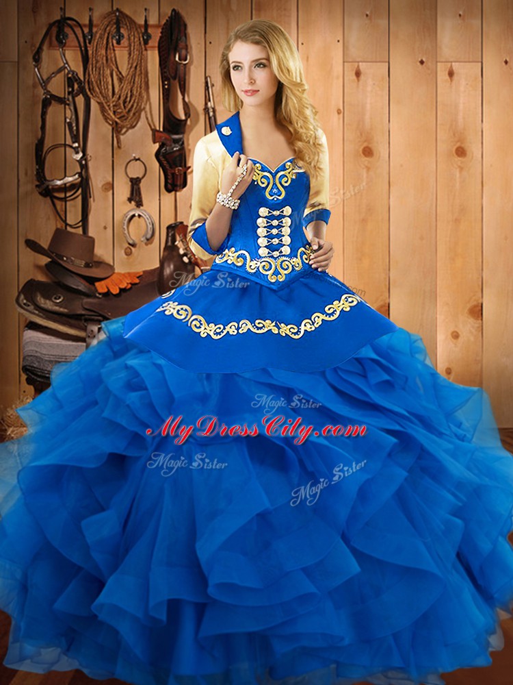 Floor Length Lace Up Vestidos de Quinceanera Blue for Military Ball and Sweet 16 and Quinceanera with Embroidery and Ruffles