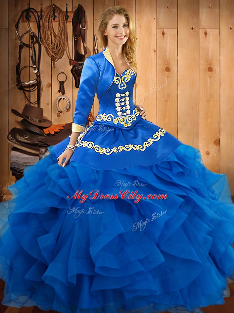 Floor Length Lace Up Vestidos de Quinceanera Blue for Military Ball and Sweet 16 and Quinceanera with Embroidery and Ruffles