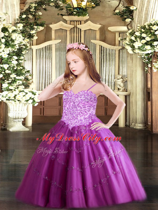 Floor Length Fuchsia Little Girl Pageant Gowns Spaghetti Straps Sleeveless Lace Up