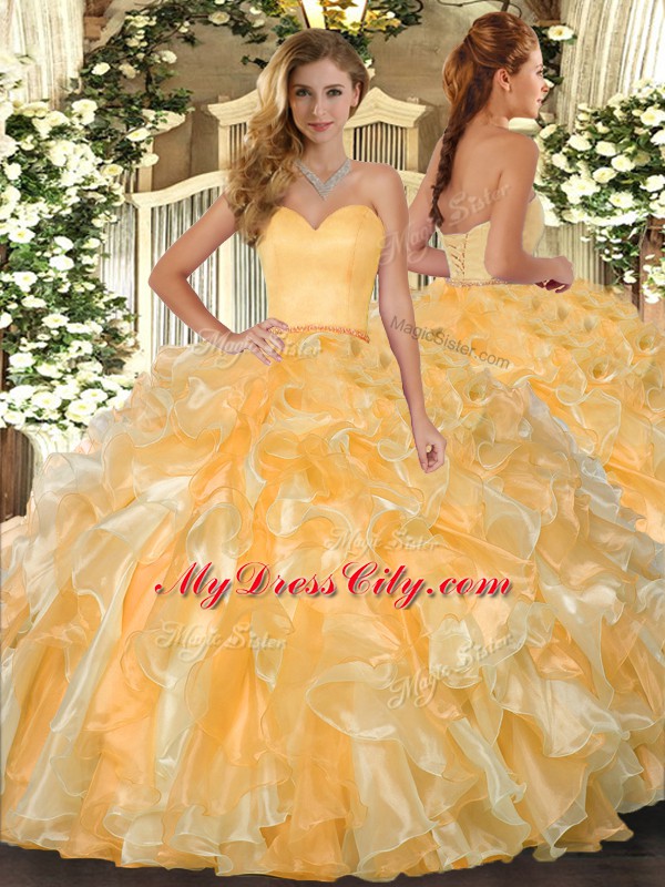 Gold Sleeveless Organza Lace Up Quince Ball Gowns for Military Ball and Sweet 16 and Quinceanera