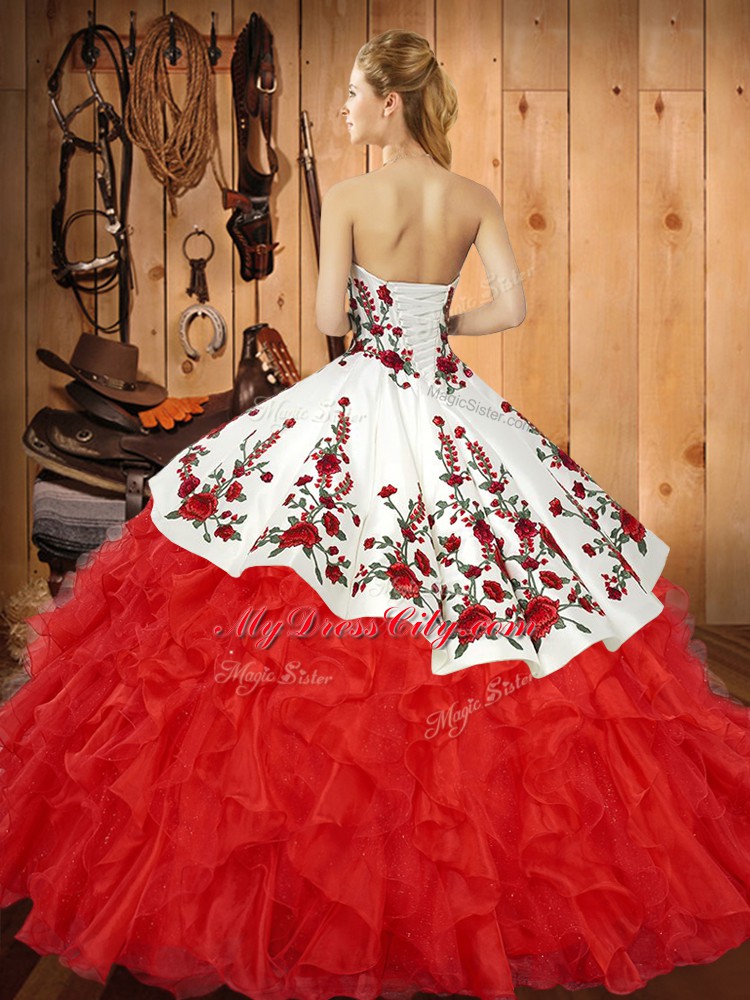 Cheap Orange Red Ball Gowns Sweetheart Sleeveless Organza Asymmetrical Lace Up Embroidery and Ruffles Quinceanera Gowns