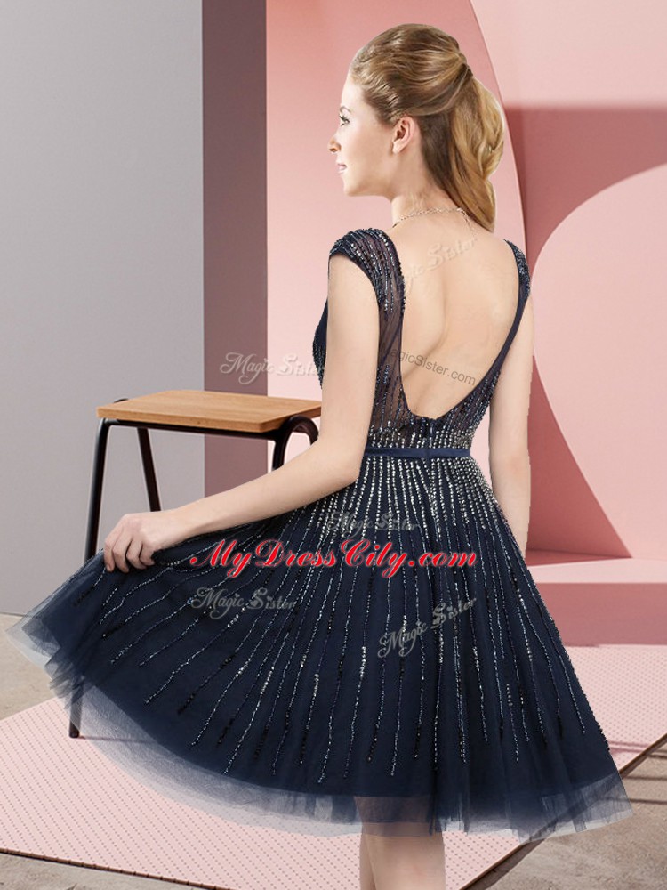 Edgy Scoop Sleeveless Backless Dress for Prom Navy Blue Tulle