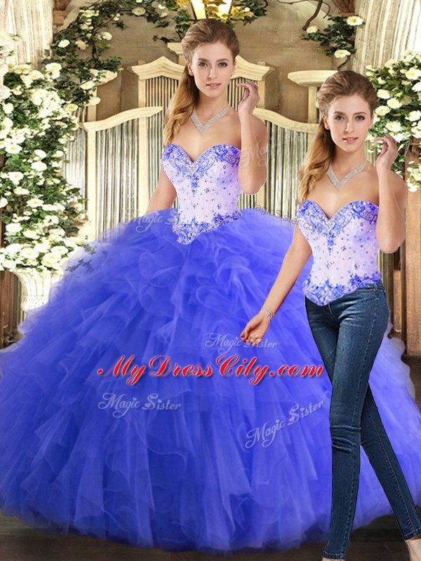 Clearance Blue Sweetheart Neckline Beading and Ruffles Quinceanera Dress Sleeveless Lace Up