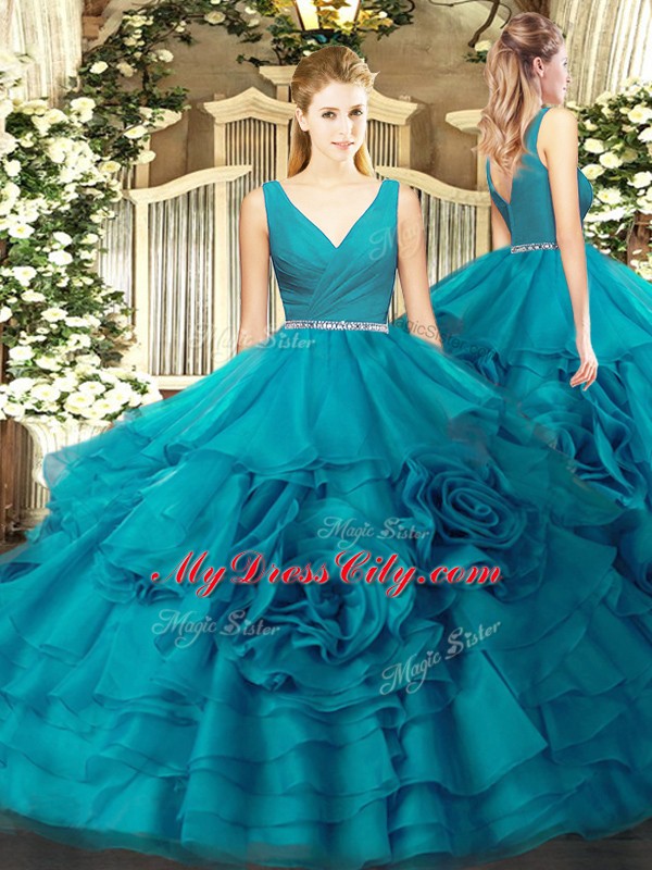 Delicate Fabric With Rolling Flowers Sleeveless Floor Length 15th Birthday Dress and Beading