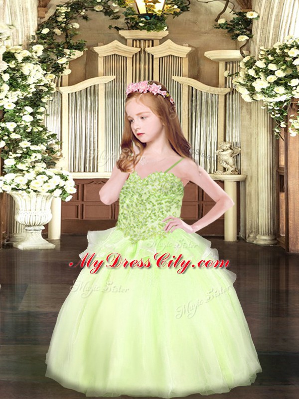 Graceful Yellow Green Pageant Dress Womens Party and Quinceanera with Appliques Spaghetti Straps Sleeveless Lace Up