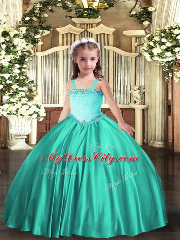 Best Straps Sleeveless Little Girls Pageant Dress Wholesale Floor Length Appliques Turquoise Satin