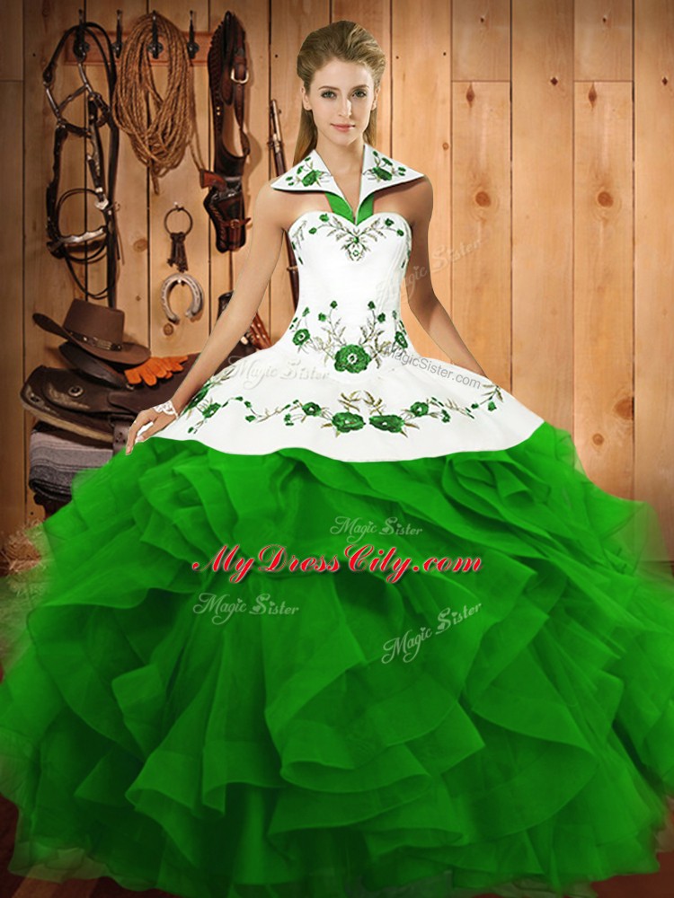 Superior Green Sweet 16 Dress Military Ball and Sweet 16 and Quinceanera with Embroidery and Ruffles Halter Top Sleeveless Lace Up