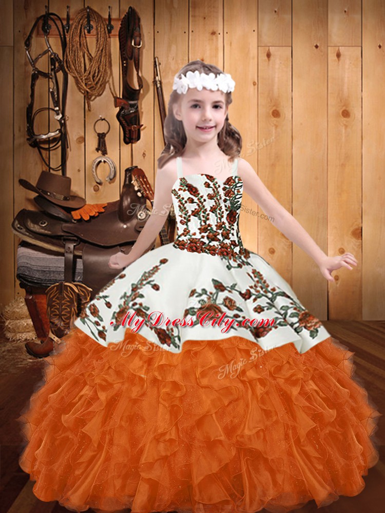 Best Embroidery and Ruffles Pageant Dress Orange Red Lace Up Sleeveless Floor Length