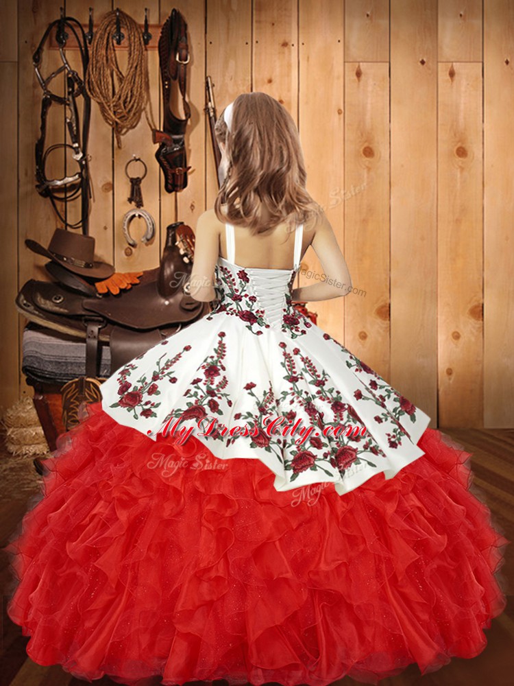 Best Embroidery and Ruffles Pageant Dress Orange Red Lace Up Sleeveless Floor Length