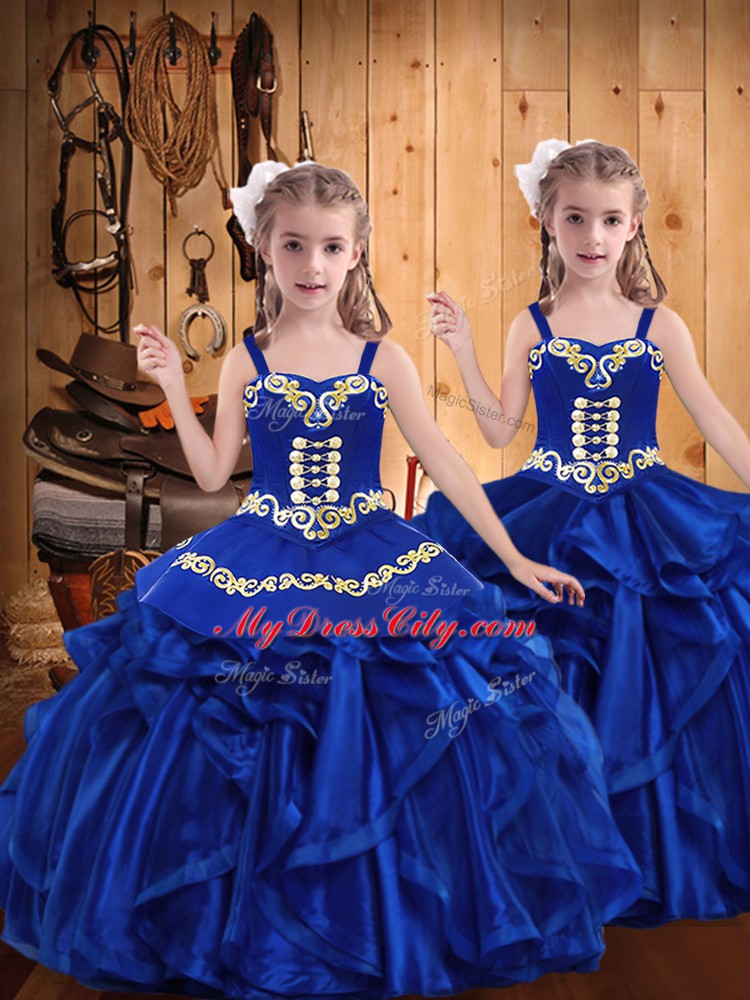 Royal Blue Organza Lace Up Little Girls Pageant Dress Sleeveless Floor Length Embroidery and Ruffles