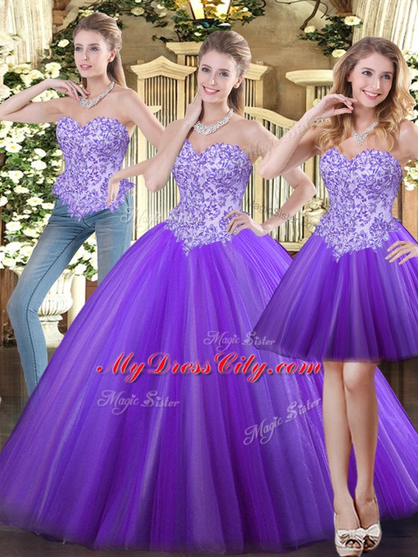 Trendy Eggplant Purple Ball Gowns Sweetheart Sleeveless Tulle Floor Length Lace Up Beading Sweet 16 Quinceanera Dress