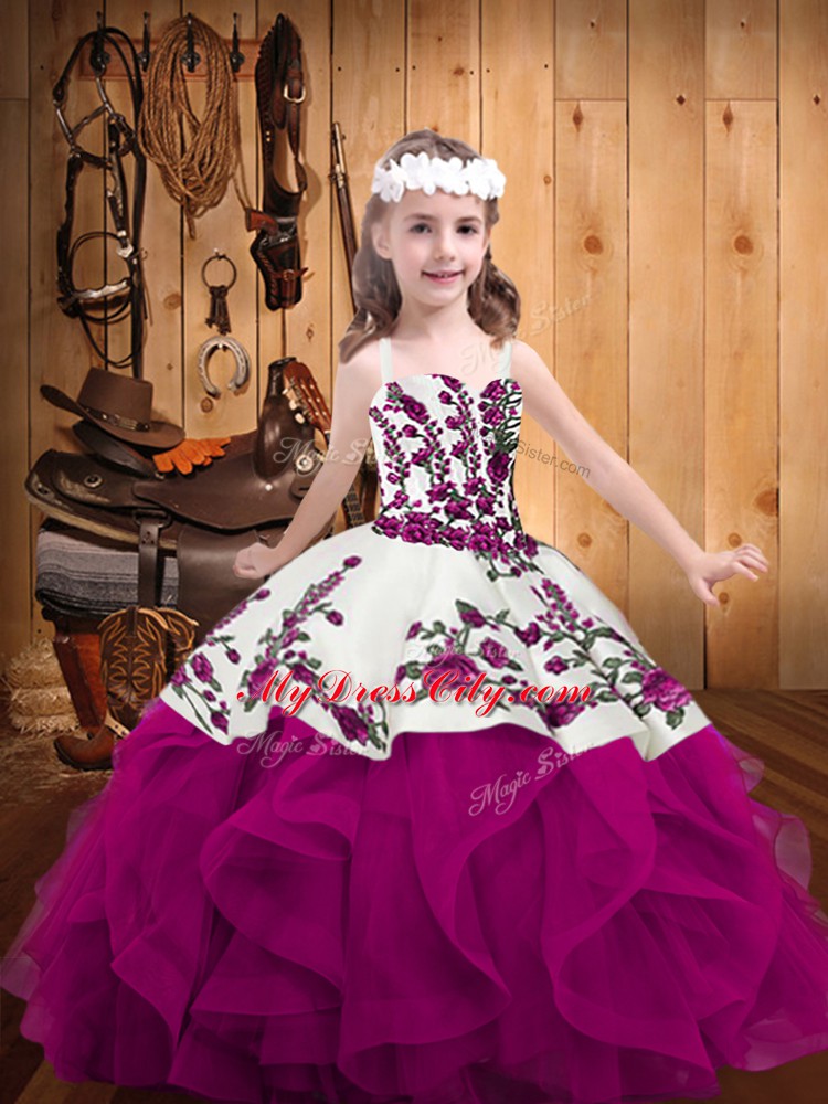 Graceful Fuchsia Straps Neckline Embroidery and Ruffles Little Girl Pageant Gowns Sleeveless Lace Up