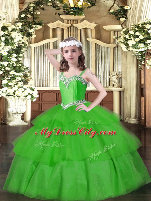 Fantastic Floor Length Green Pageant Dress Wholesale Organza Sleeveless Beading and Ruffled Layers
