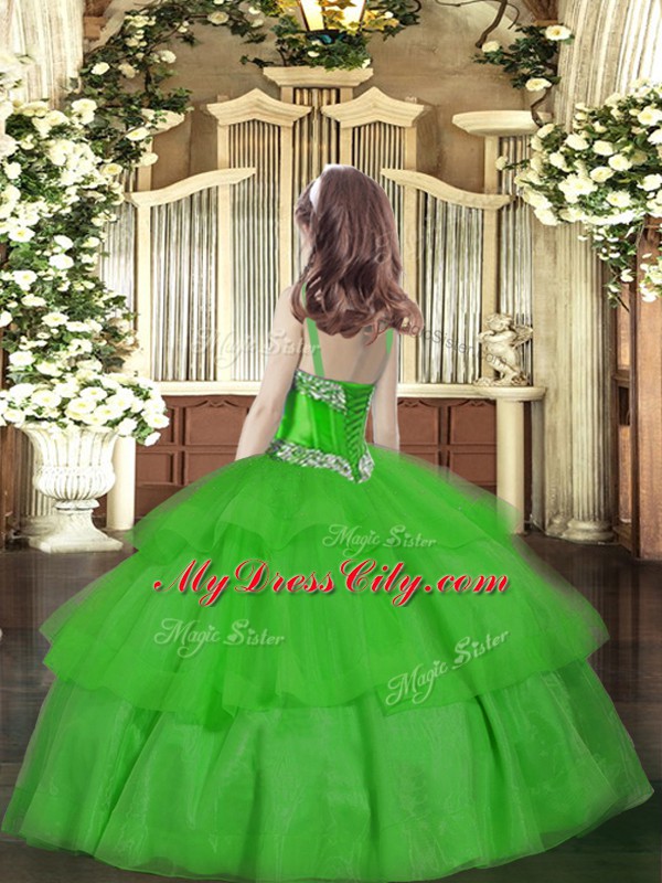 Fantastic Floor Length Green Pageant Dress Wholesale Organza Sleeveless Beading and Ruffled Layers