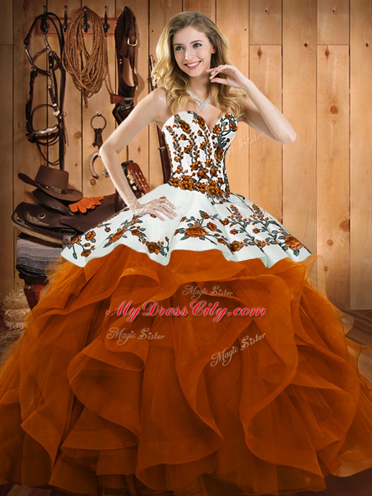 Affordable Sleeveless Satin and Organza Floor Length Lace Up Quinceanera Gown in Rust Red with Embroidery and Ruffles