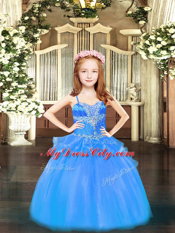 Floor Length Lace Up Little Girl Pageant Gowns Baby Blue for Party and Quinceanera with Beading
