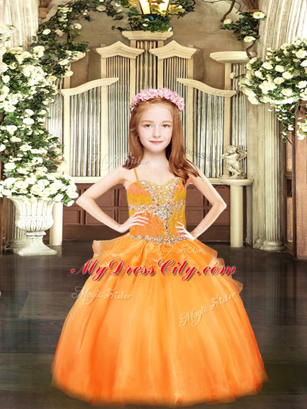 Ball Gowns Little Girl Pageant Dress Orange Spaghetti Straps Organza Sleeveless Floor Length Lace Up