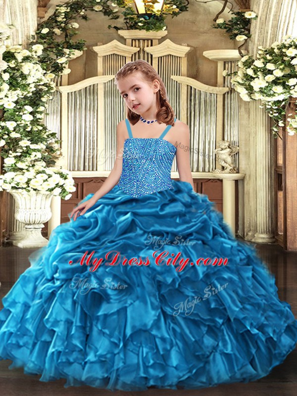 Custom Designed Beading and Ruffles Pageant Dresses Blue Lace Up Sleeveless Floor Length