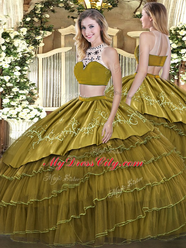 Olive Green Quince Ball Gowns Military Ball and Sweet 16 and Quinceanera with Beading and Embroidery and Ruffled Layers High-neck Sleeveless Backless