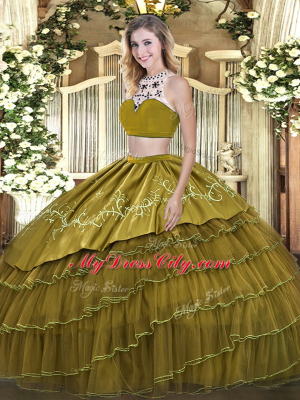Olive Green Quince Ball Gowns Military Ball and Sweet 16 and Quinceanera with Beading and Embroidery and Ruffled Layers High-neck Sleeveless Backless