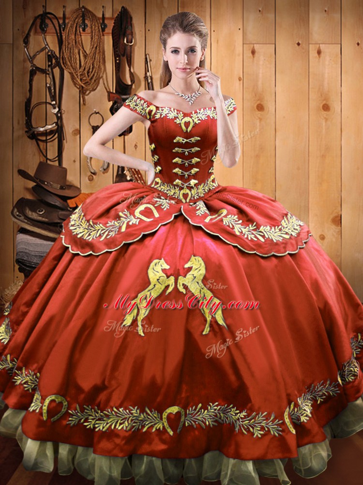On Sale Ball Gowns Quinceanera Gowns Rust Red Off The Shoulder Satin and Organza Sleeveless Floor Length Lace Up