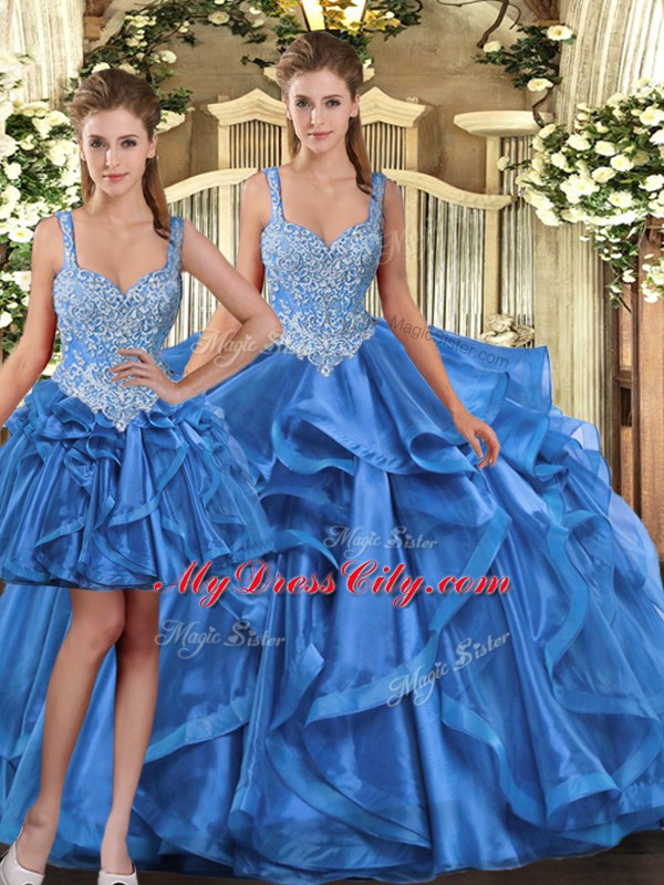 Classical Beading and Ruffles 15 Quinceanera Dress Blue Lace Up Sleeveless Floor Length