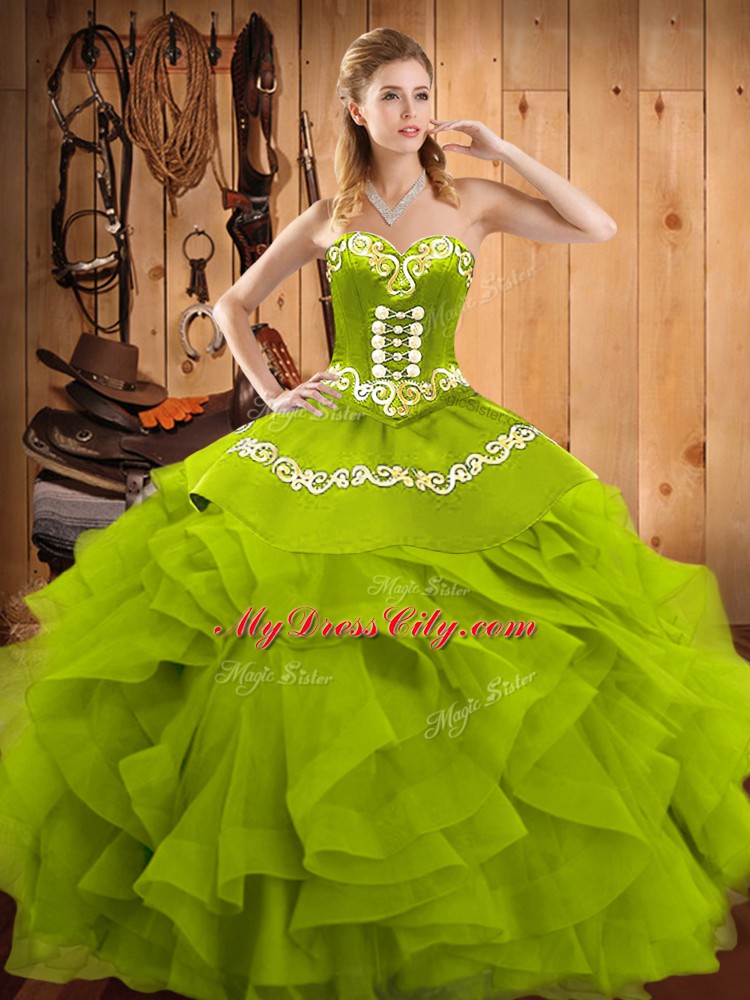 Luxury Sleeveless Floor Length Embroidery and Ruffles Lace Up Quince Ball Gowns with Olive Green