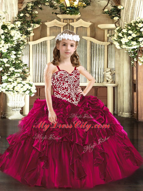 Beading and Ruffles Little Girls Pageant Gowns Fuchsia Lace Up Sleeveless Floor Length