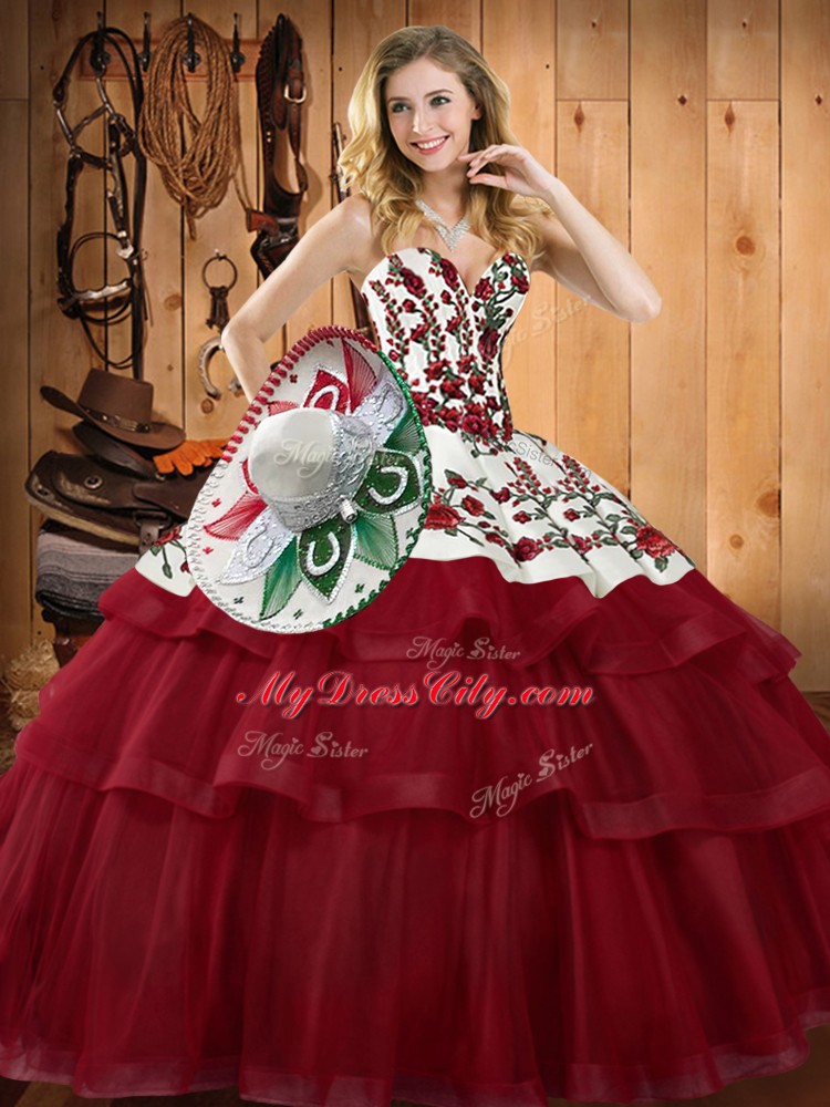 Comfortable Wine Red Ball Gowns Embroidery Sweet 16 Dresses Lace Up Organza Sleeveless