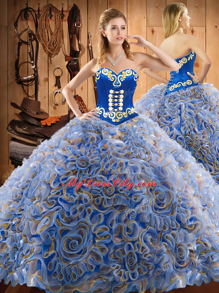 Custom Design Multi-color Three Pieces Embroidery Quinceanera Dresses Lace Up Satin and Fabric With Rolling Flowers Sleeveless With Train