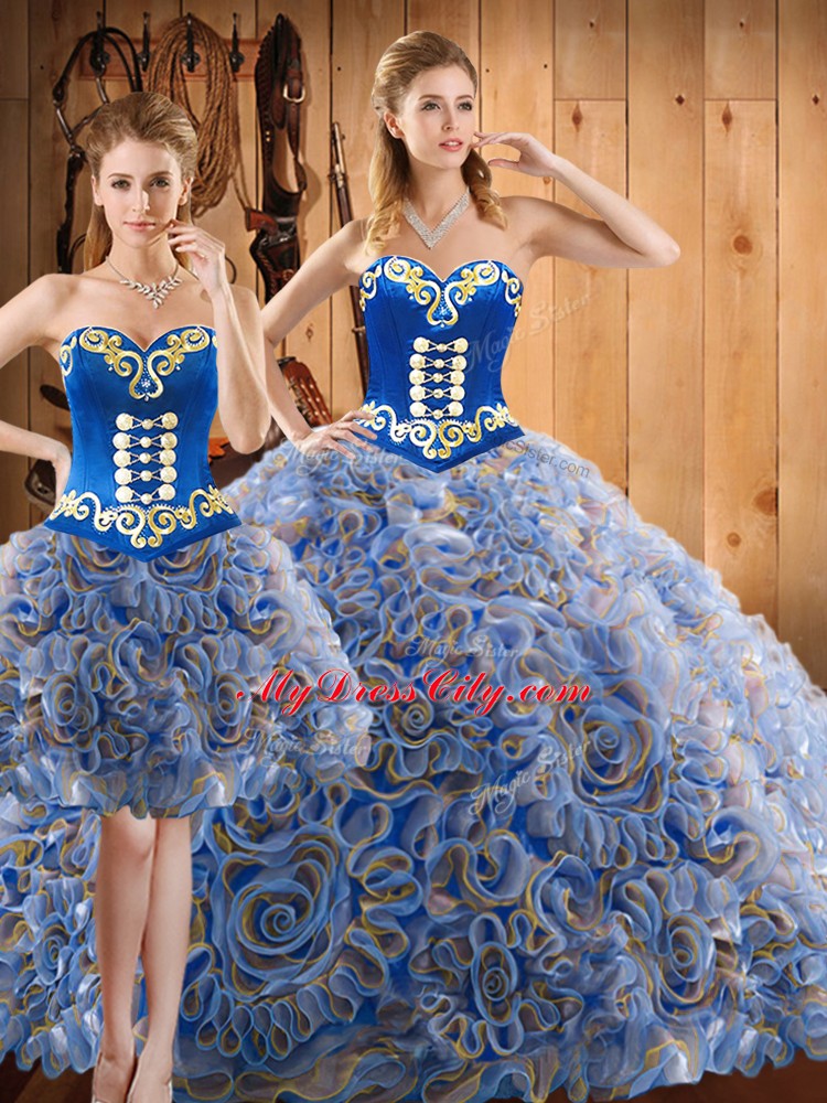 Custom Design Multi-color Three Pieces Embroidery Quinceanera Dresses Lace Up Satin and Fabric With Rolling Flowers Sleeveless With Train