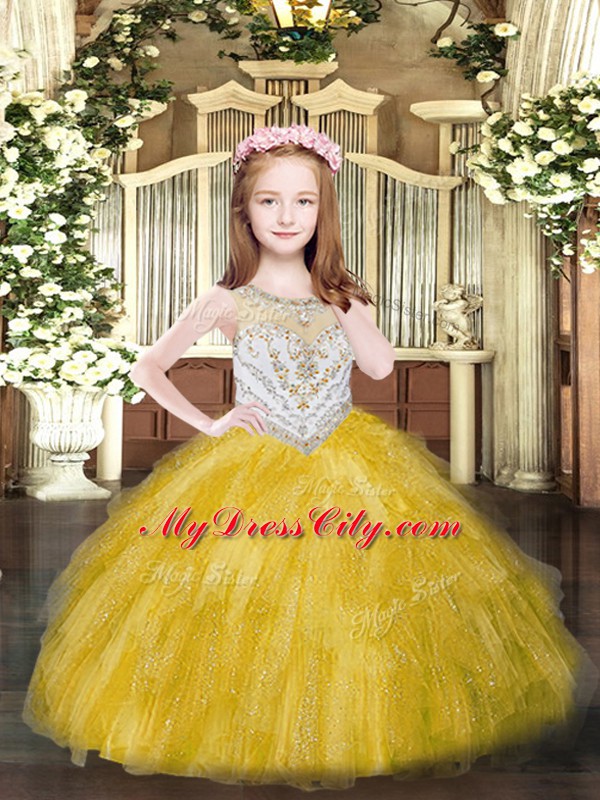Tulle Scoop Sleeveless Zipper Beading and Ruffles Pageant Dress for Teens in Gold